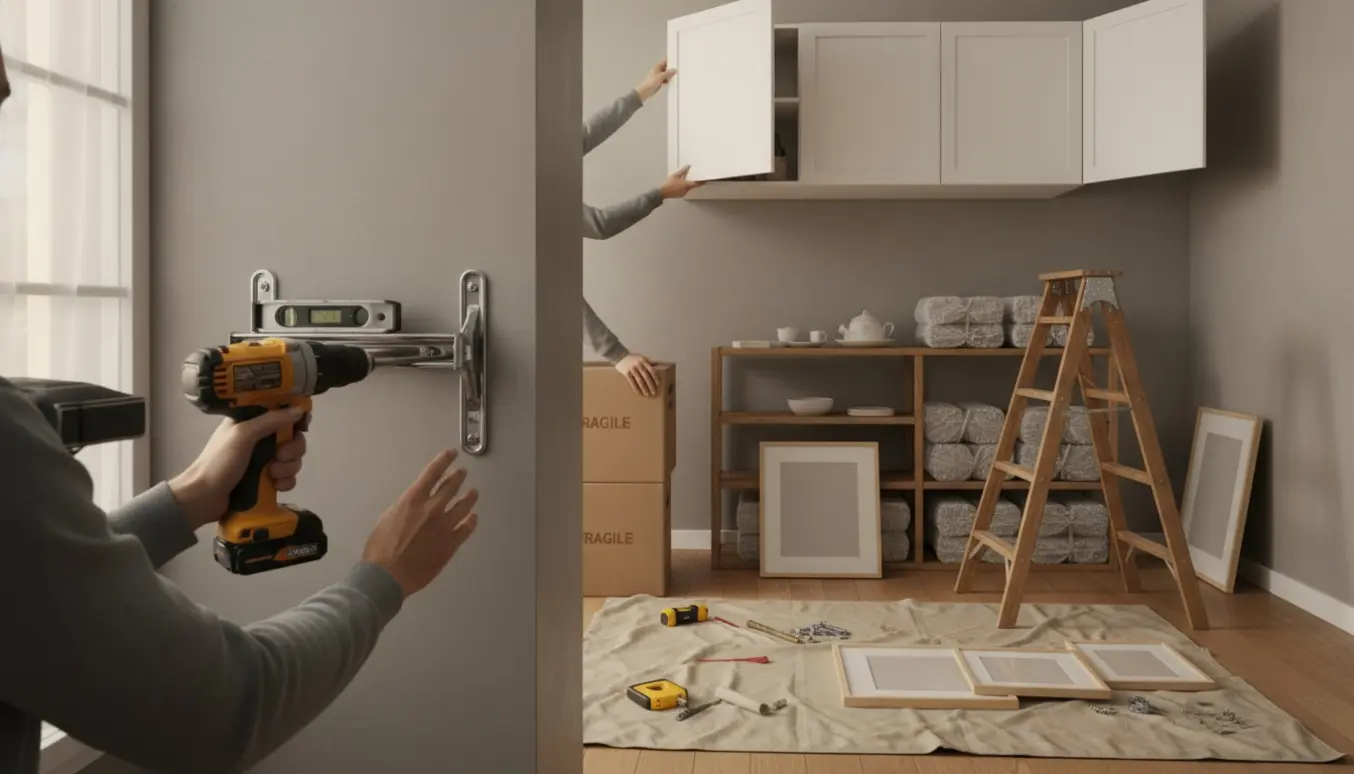 Hænder monterer et tungt spejl og knagerække på en væg med værktøj og flyttekasser i rummet.