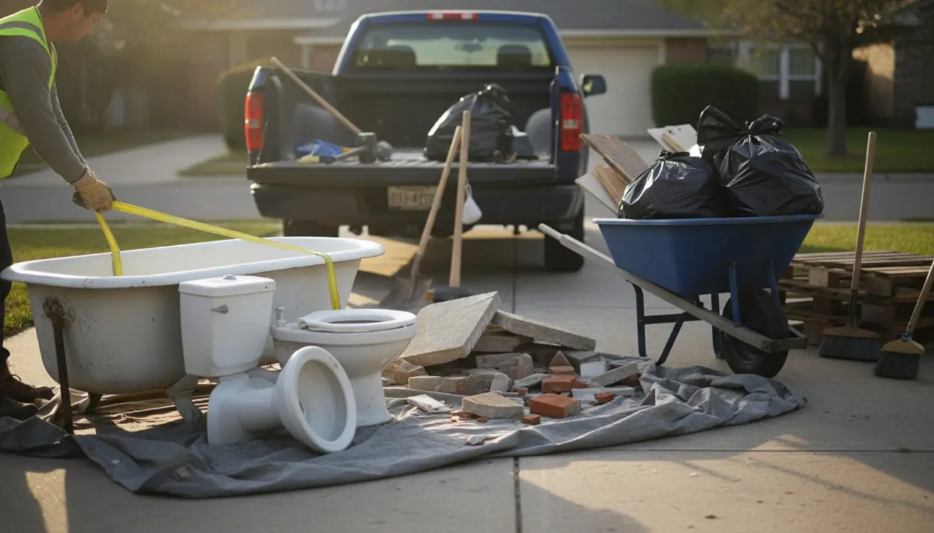 Byggeaffald med badekar, toilet og betonstykker læsses i en container ved et husrenoveringsprojekt.