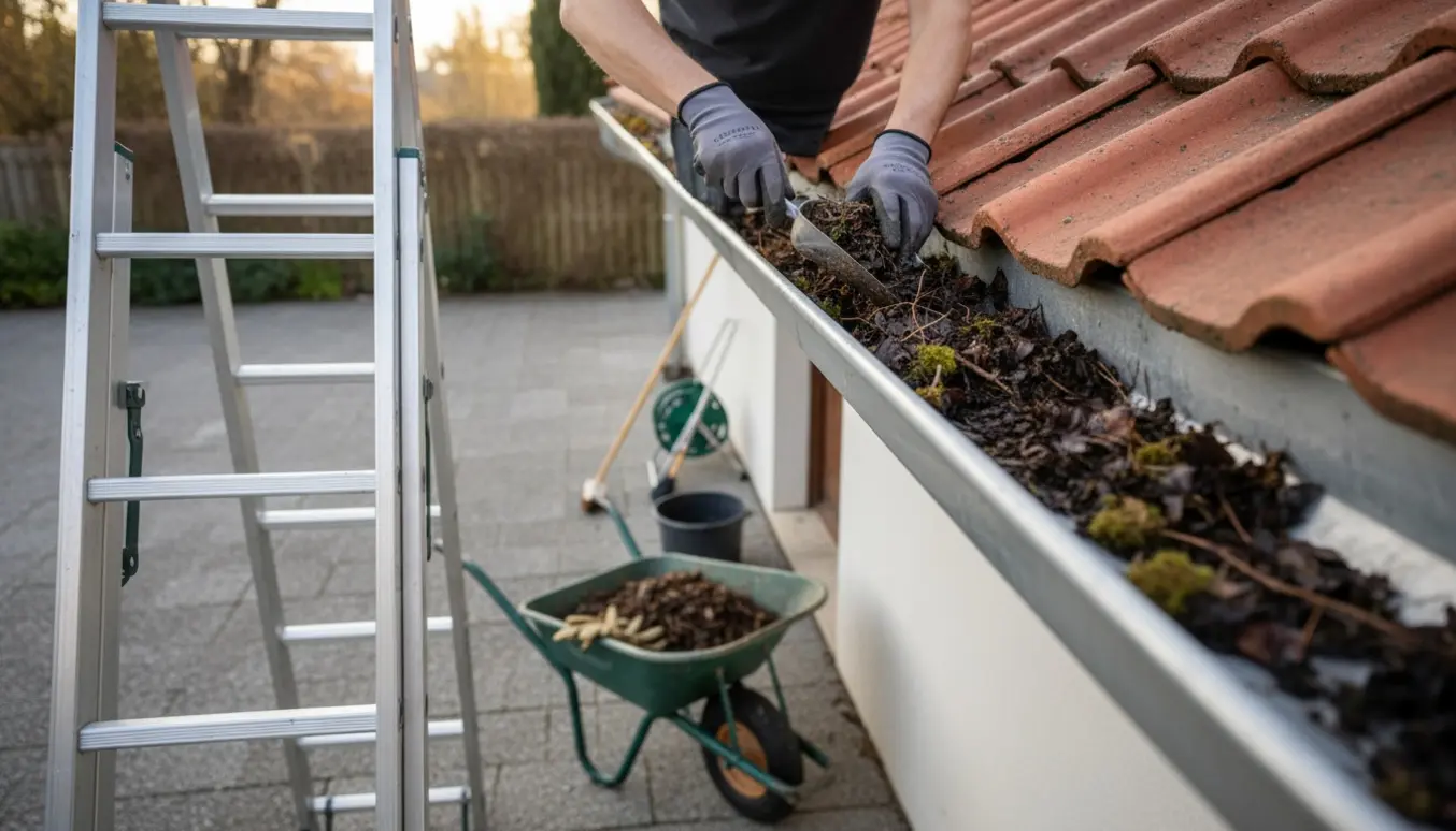 Hænder fjerner vådt løv og mos fra en tagrende med en stige og en trillebør fyldt med affald nedenfor.