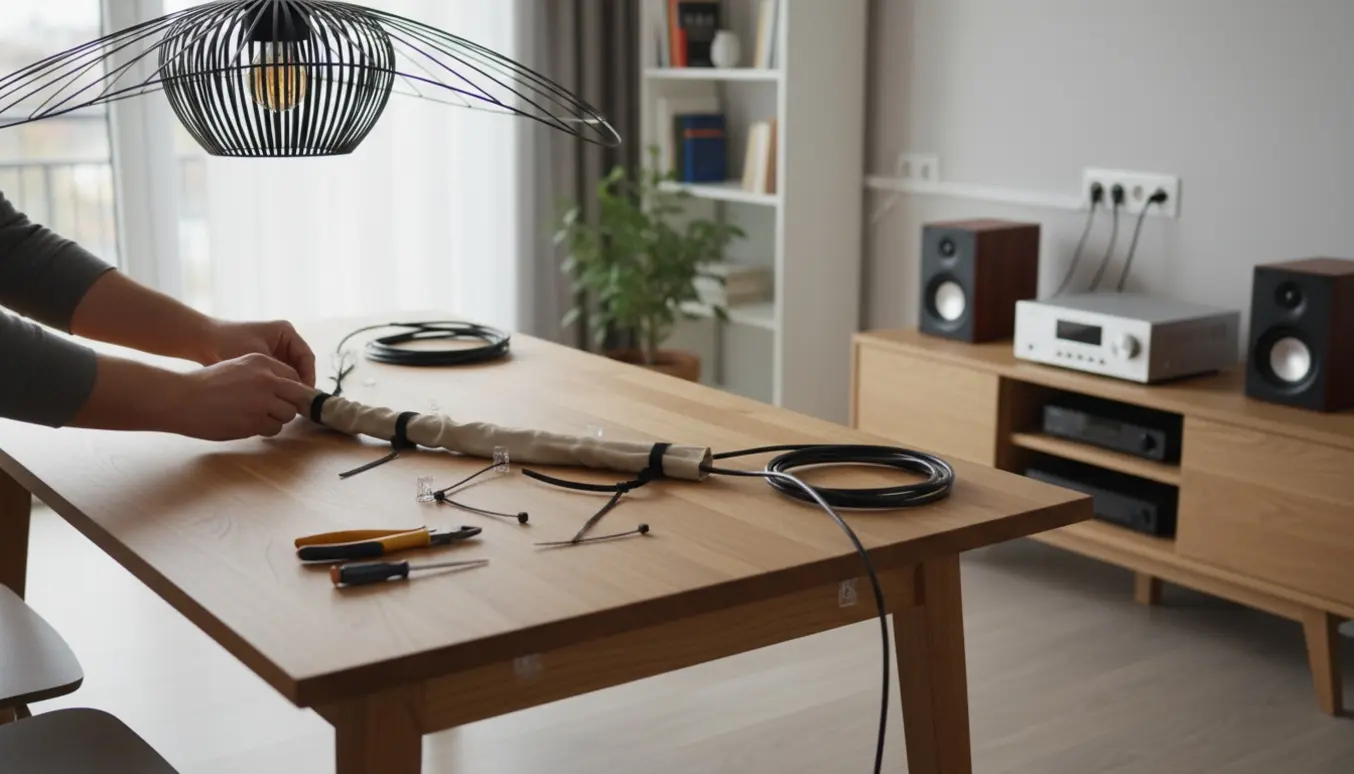 Hænder organiserer ledninger under en spisebordslampe og ved et musikanlæg.