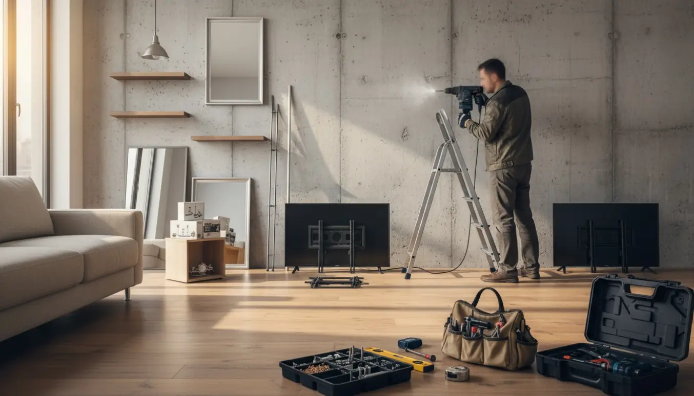 Håndværker borer i en betonvæg med borehammer og værktøj klar til at montere tv, gardinstænger og lamper.