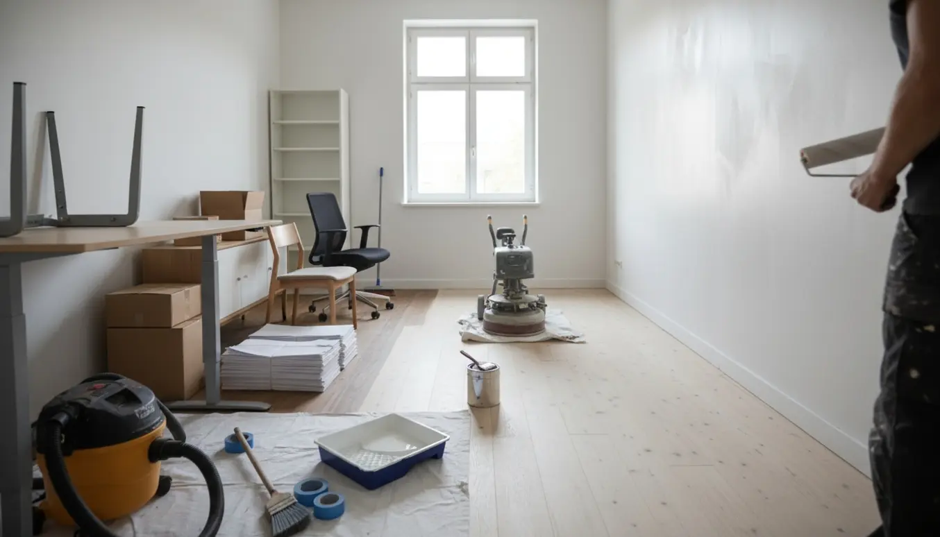 Småkontor under renovering med møbler samlet, hvidmalet væg og halvslibret/nylakeret trægulv.