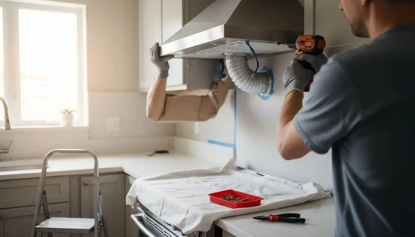 Hænder fjerner en vægmonteret emhætte i et køkken med skruetrækker, afdækning og værktøj omkring.