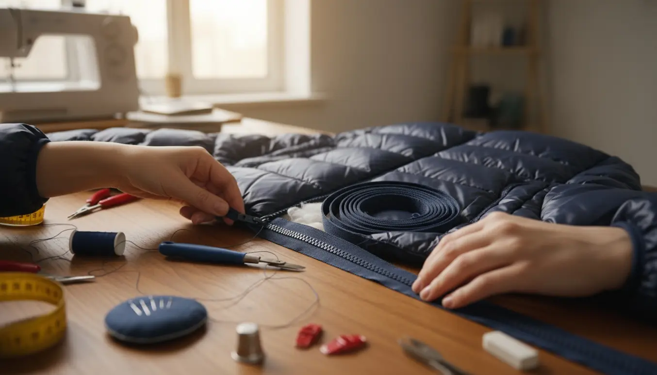 Hænder udskifter lynlåsen på en dame-dunfrakke ved et lyst sybord med syredskaber.