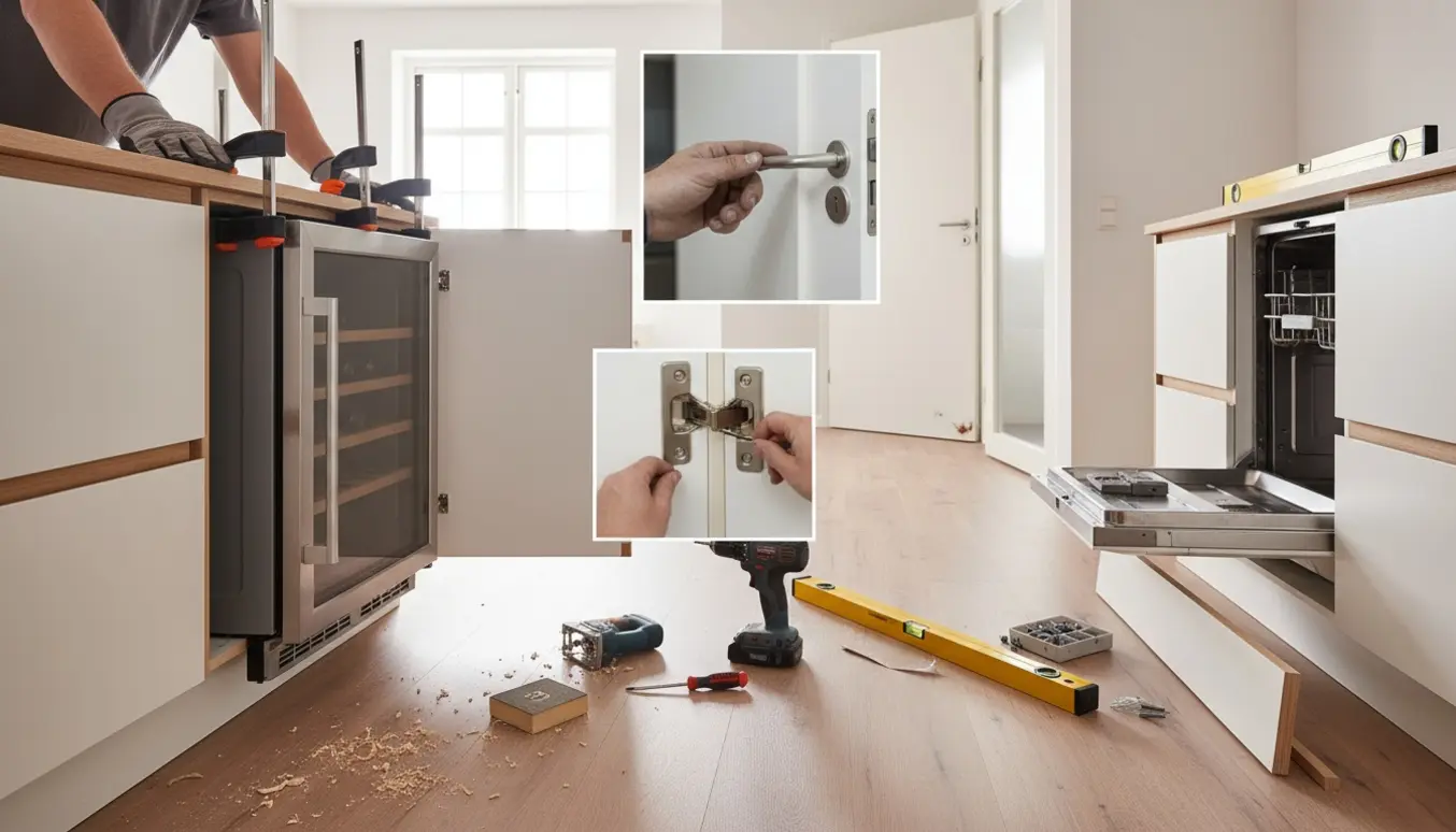 Hænder tilpasser et køkkenskab til et indbygget vinkøleskab og justerer døre og opvaskemaskine i et lyst hjem.