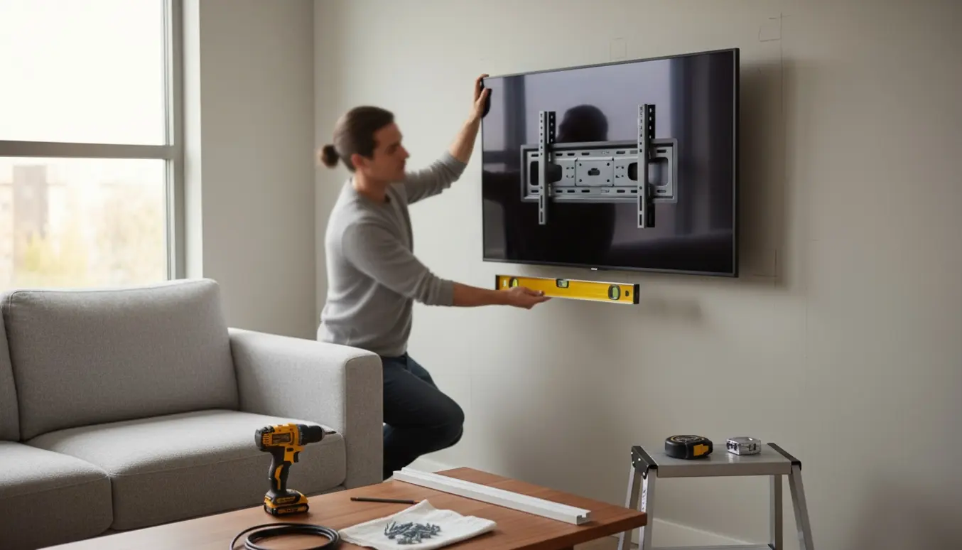 Hænger et fladskærms-tv op på væggen med vægbeslag og værktøj i en lys stue.