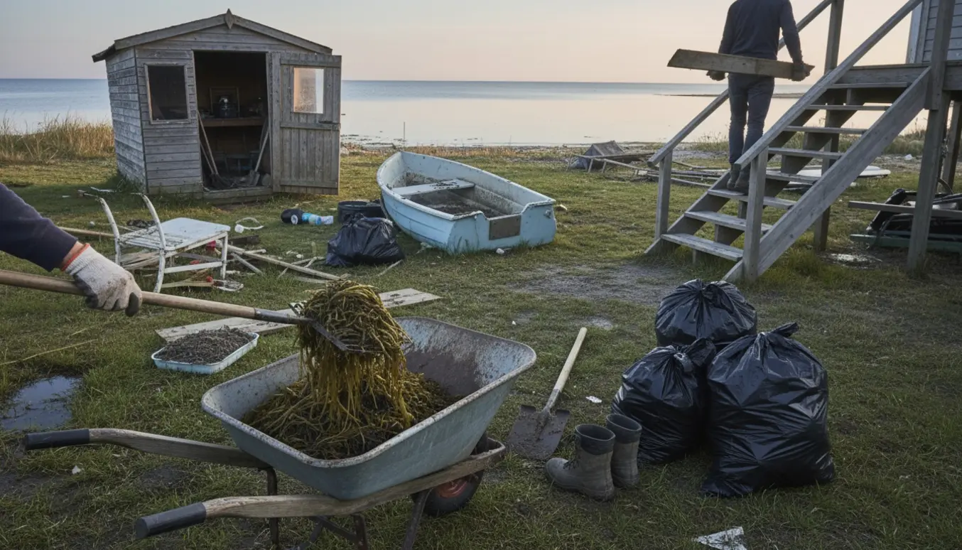 Rydning efter oversvømmelse ved sommerhus med tang og sand på græsplænen og en ødelagt båd ved trappen.
