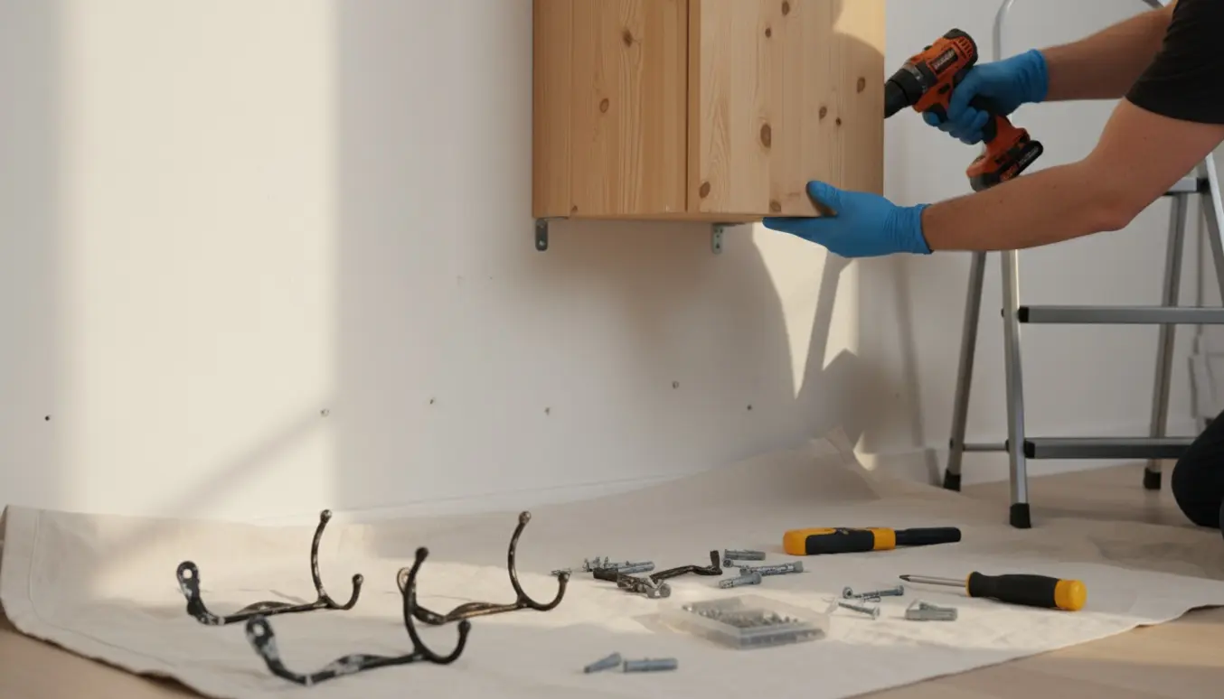 Hænder afmonterer et lille vægskab med en skruemaskine, mens nedtagne knager og skruer ligger på et beskyttelseslærred.