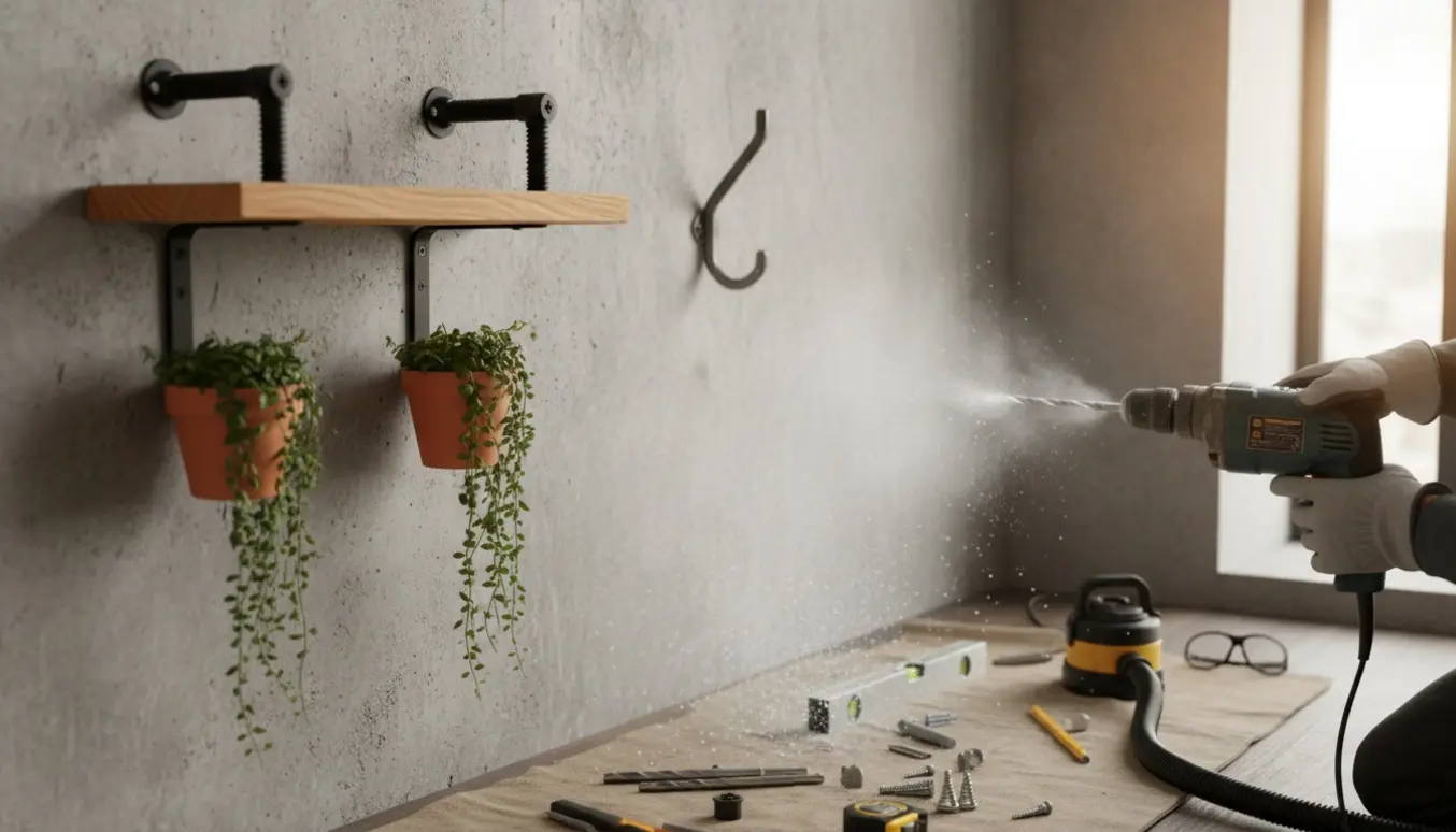 Nærbillede af opsætning af hylde og kroge i hård betonvæg med boreværktøj og værktøj spredt på et underlag.