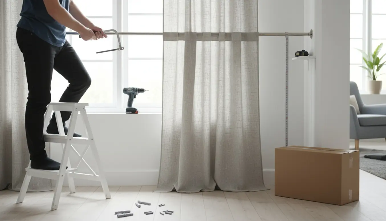 Gardin hænges op i et lyst, skandinavisk rum med savet gardinstang og værktøj.