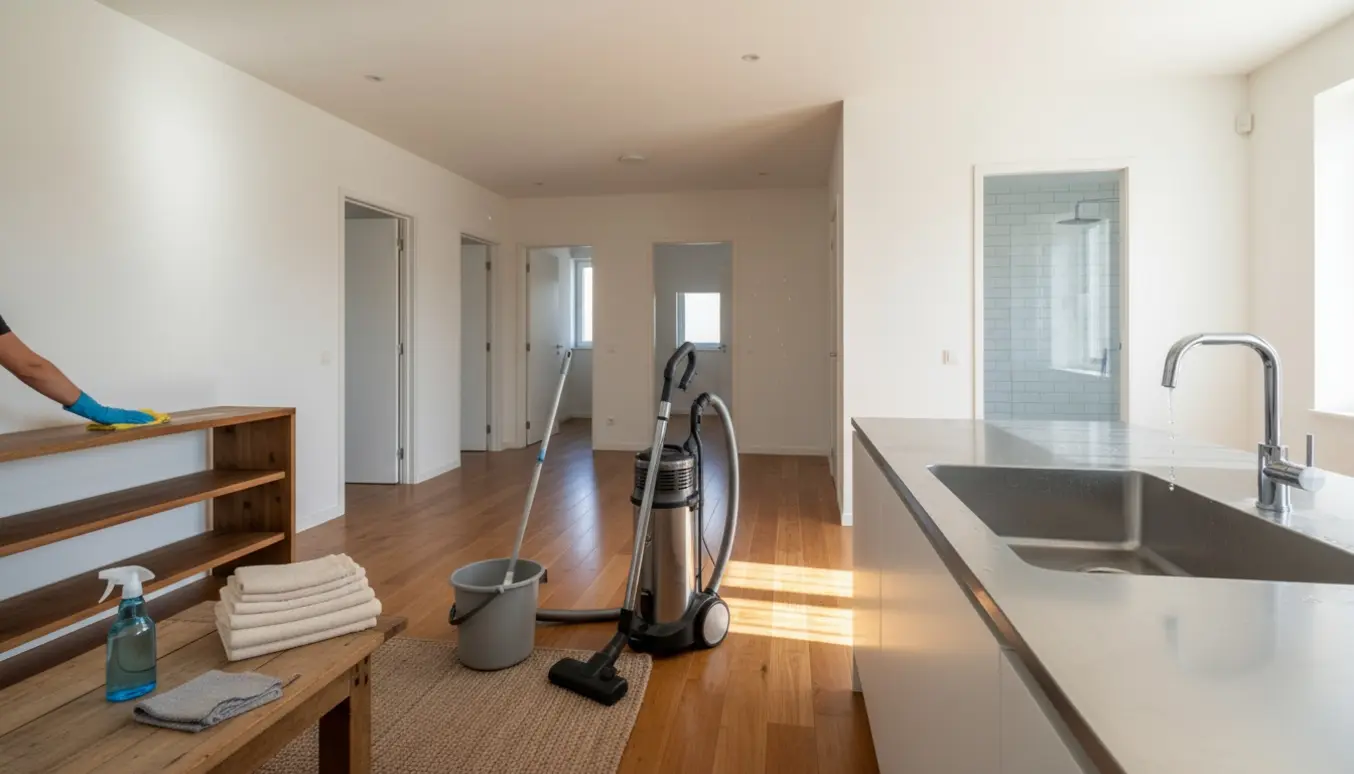 Soloplyst stue og køkken under rengøring med støvsuger, moppe og rengøringsmidler.