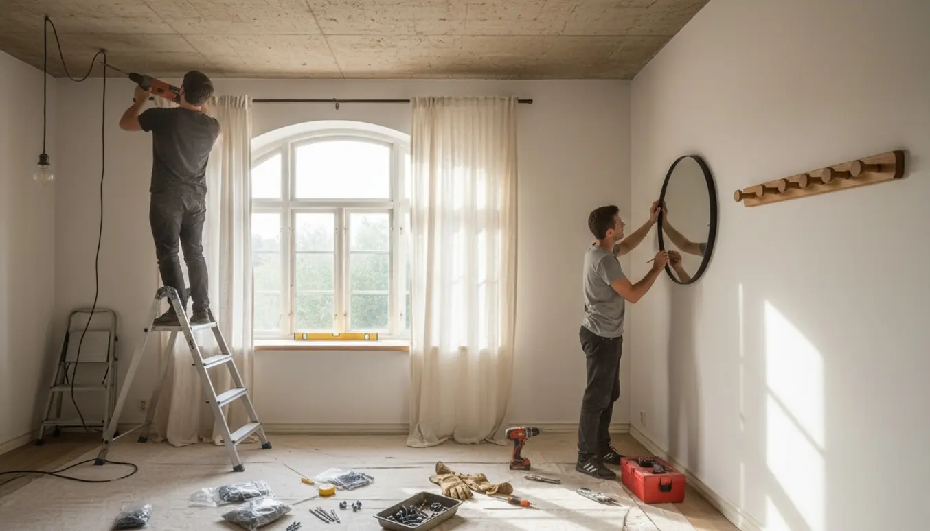 Person monterer lamper i betonloft, hænger gardiner og sætter spejl og knagerække op i en lys stue.