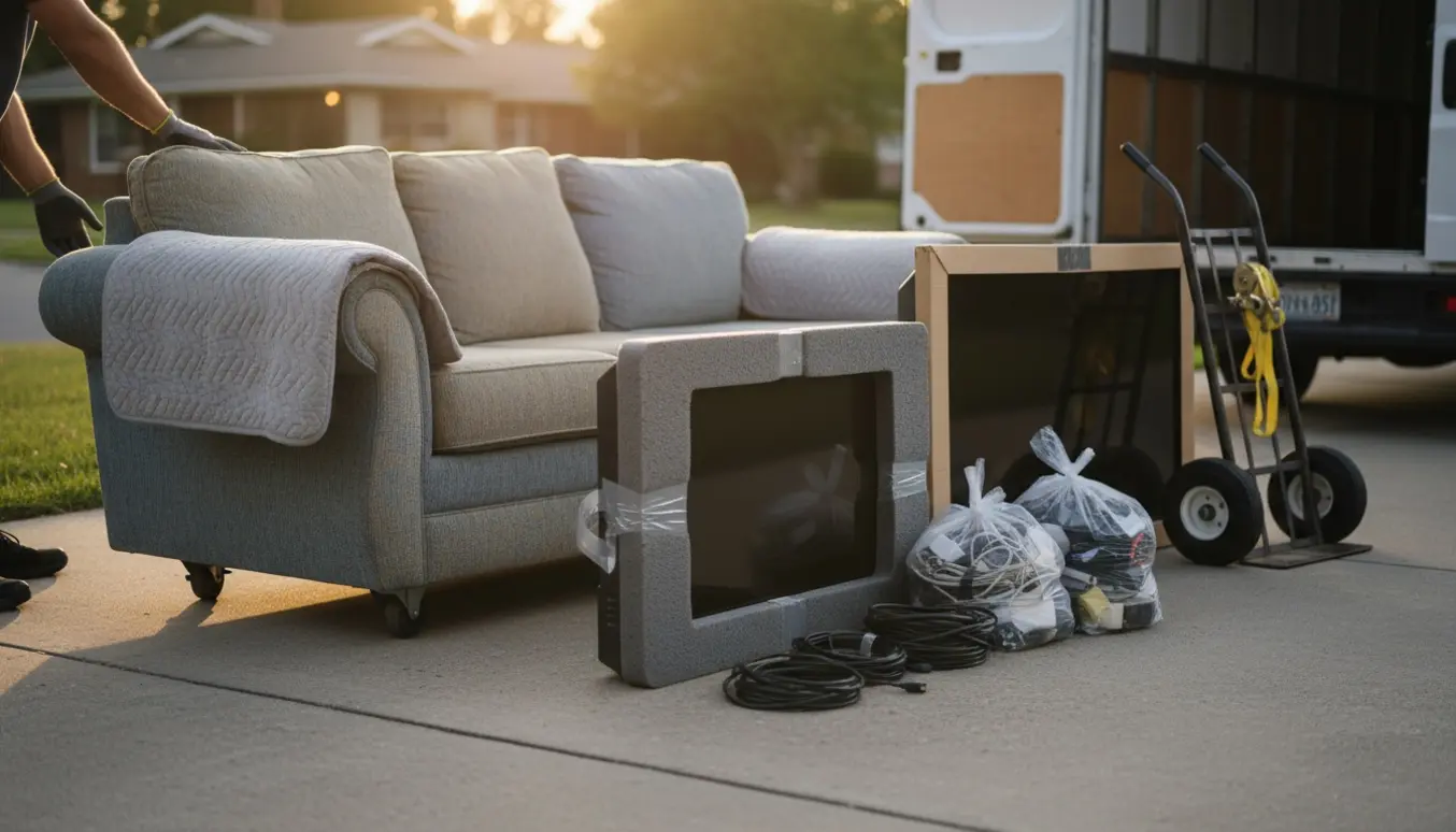 Sofa, tre fladskærme og poser med småelektronik klar ved en åben flyttebil til afhentning.