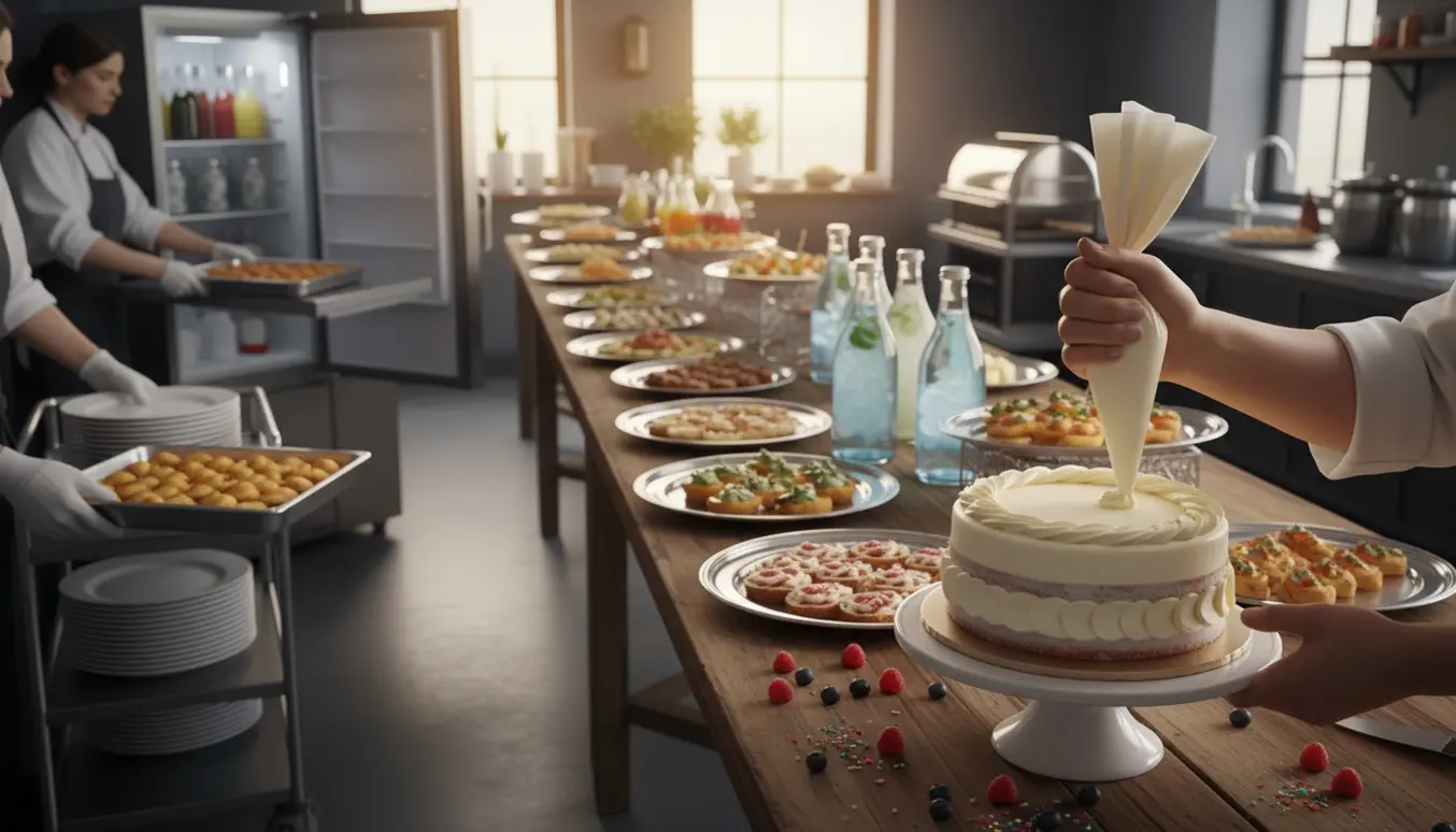 Hænder pynter en kage foran et buffetbord med drikkevarer, fade og stabler af tallerkner.