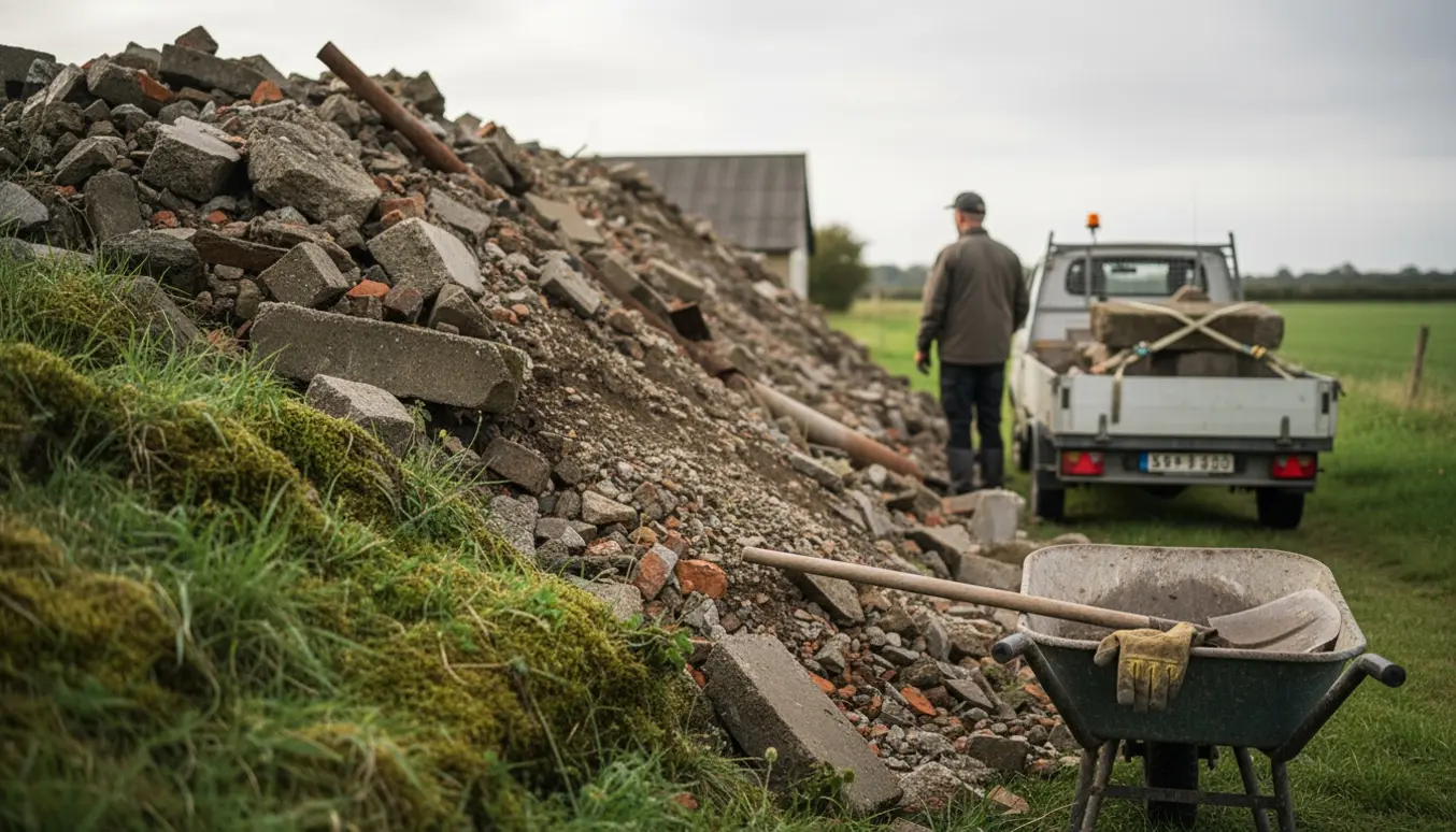 Stor stak blandet brokker overgroet med mos ved en grusvej, klar til afhentning med trillebør og trailer i baggrunden.