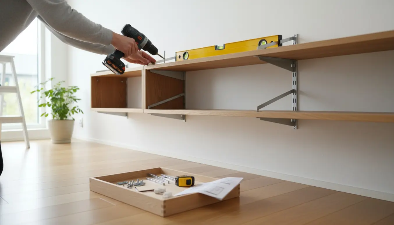 Delvist samlet Vangede-reol bliver monteret på en hvid væg med værktøj på gulvet.