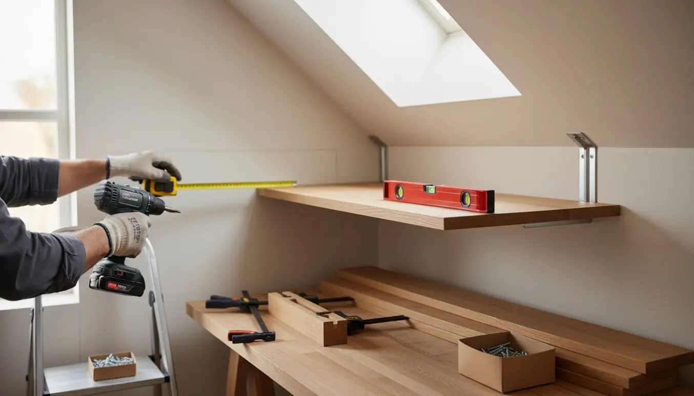 Hænder måler og monterer træhylder i et opbevaringsrum med skrå vægge.