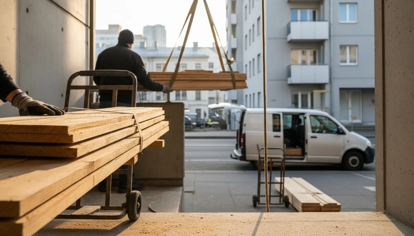 Afkortede fyrretræsplanker sænkes fra femte sal og læsses ind i en varebil, med handtruck og arbejdshandsker i fokus.
