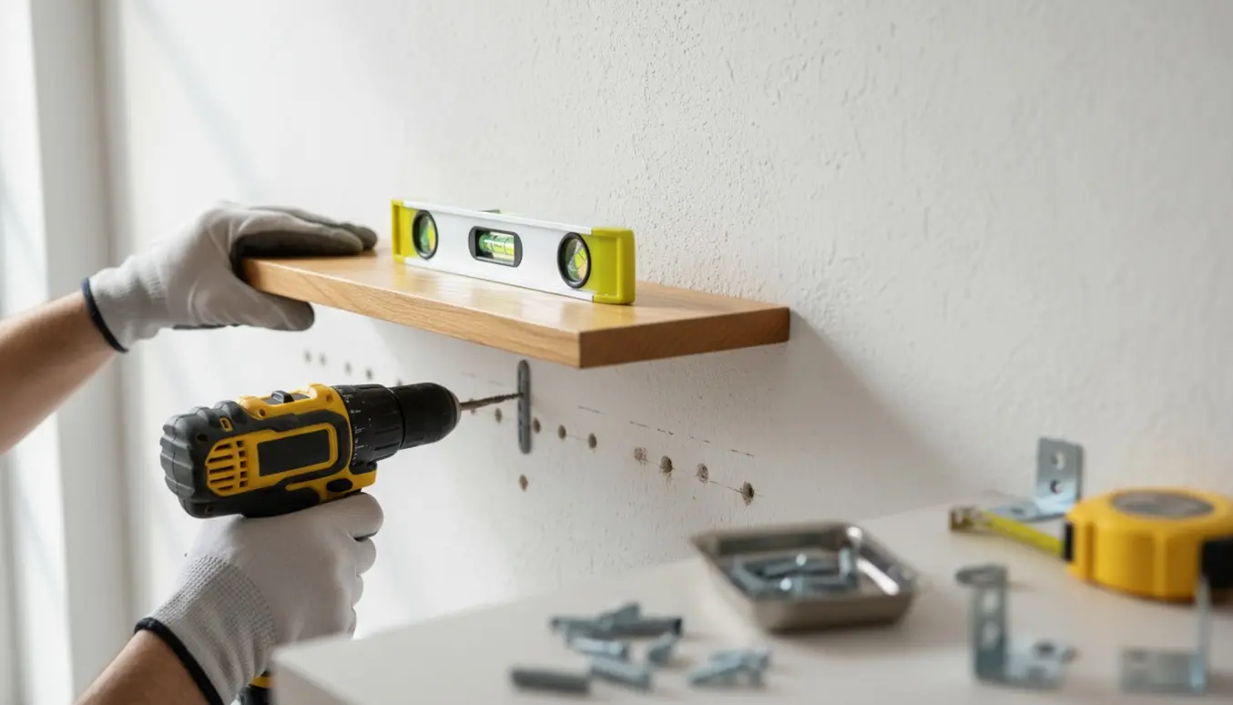 Hænder monterer en træhylde på en hvid væg med boremaskine og vaterpas.