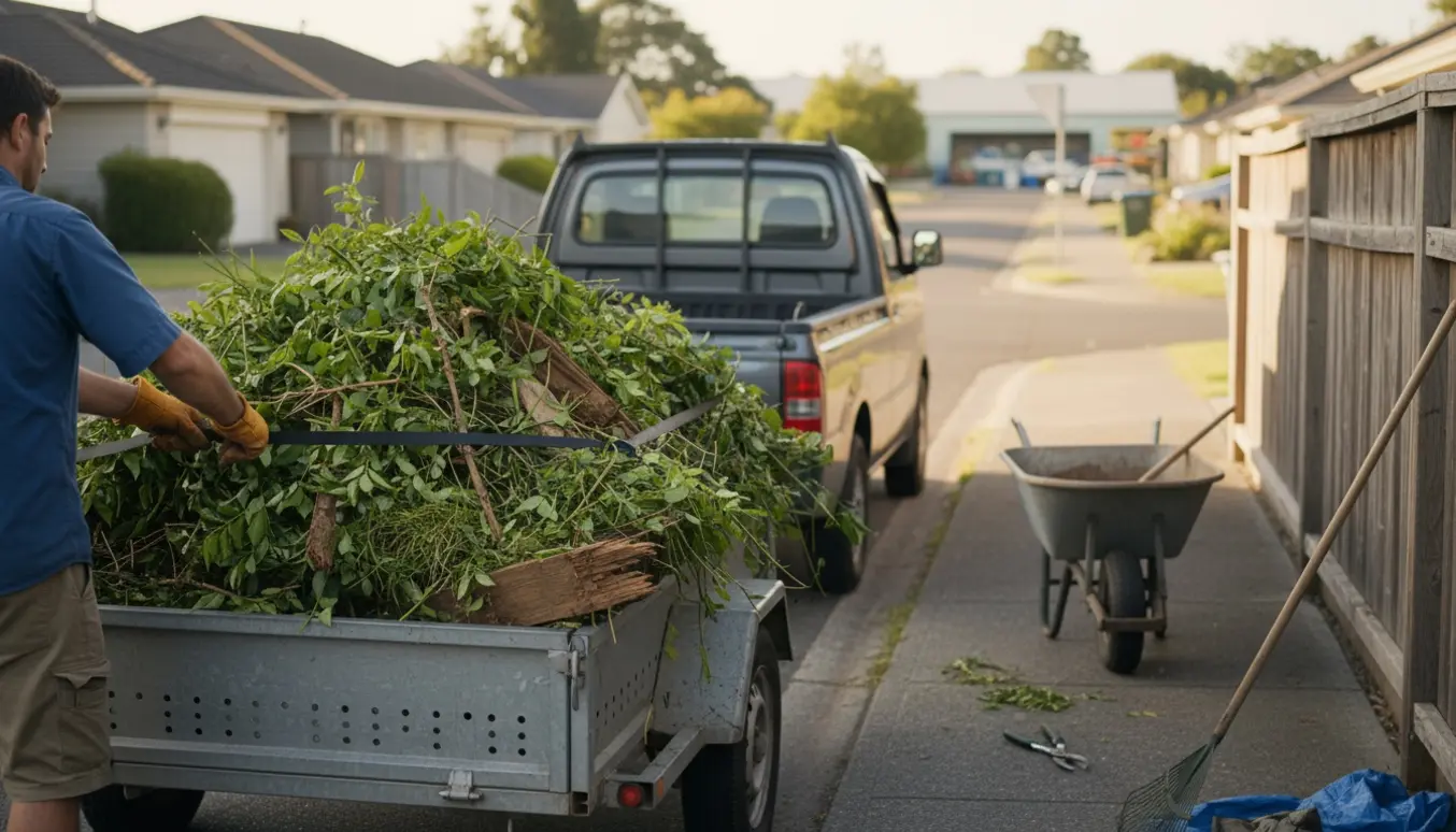 En trailer fyldt med haveaffald og lidt gammelt træ klar til kørsel mod genbrugspladsen.