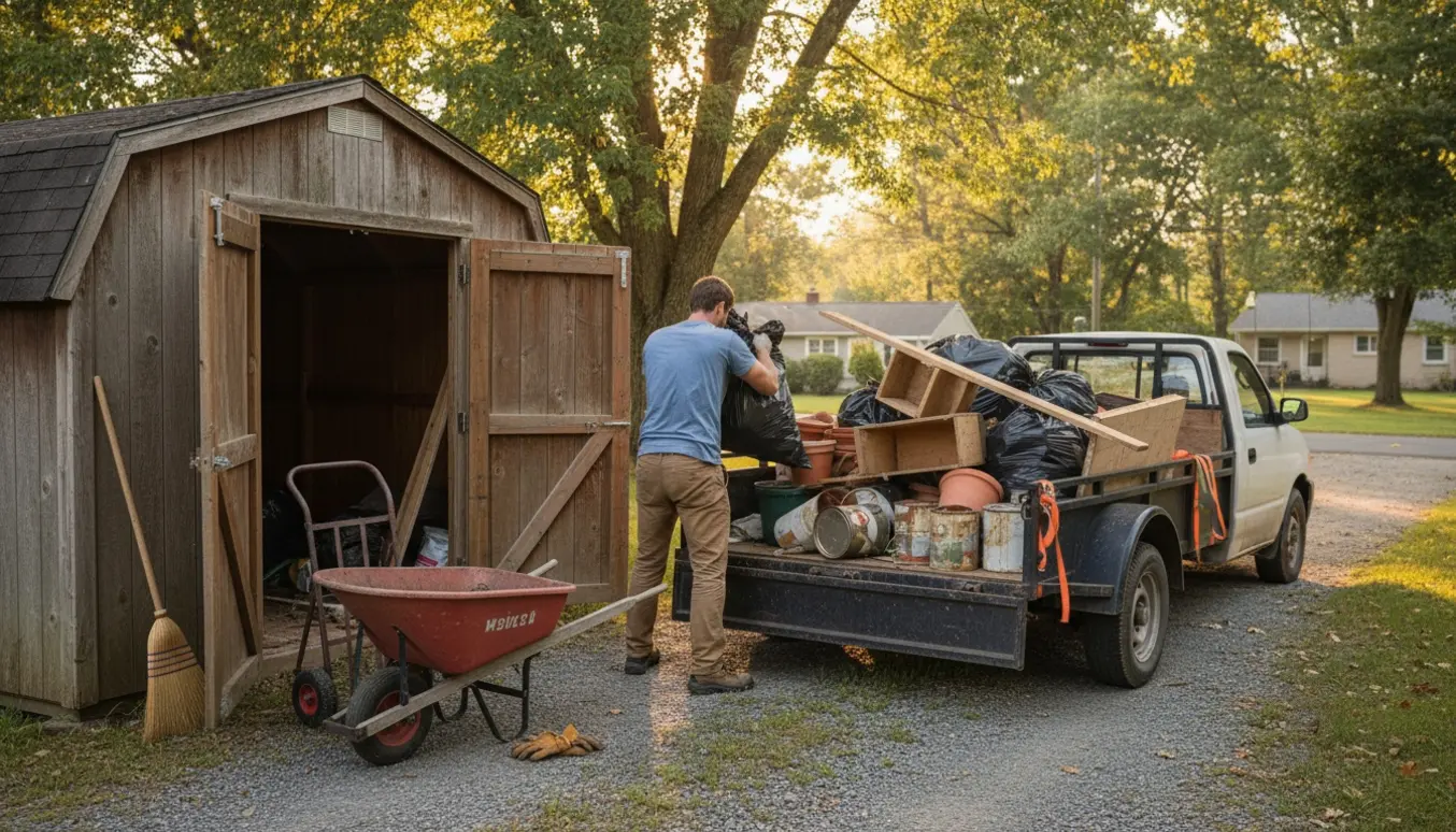 Åben træskur og trailer på indkørslen med skuraffald, mens en person læsser uden synligt ansigt.