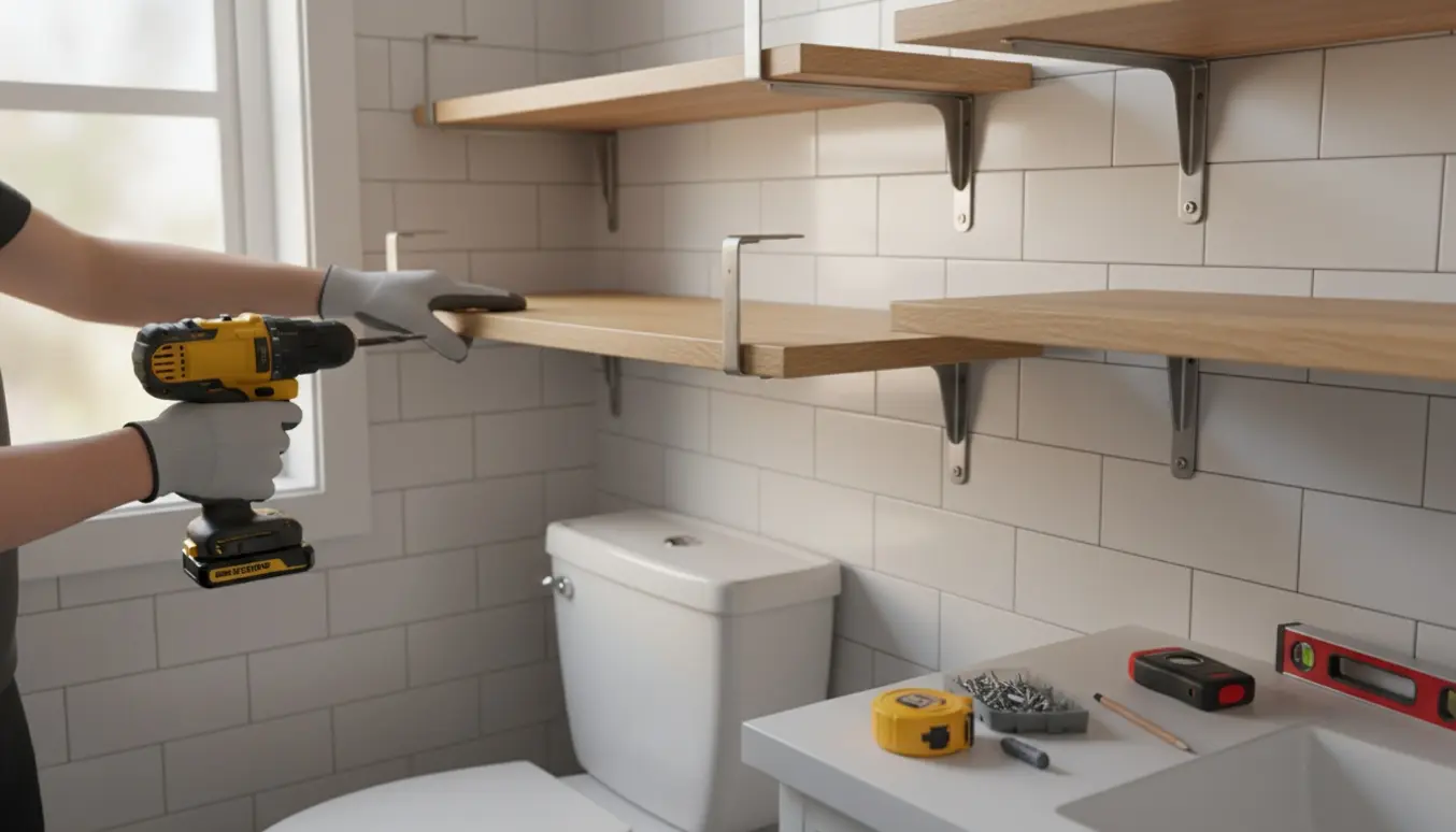 Hænder monterer nye træhylder over et toilet i et lyst badeværelse.