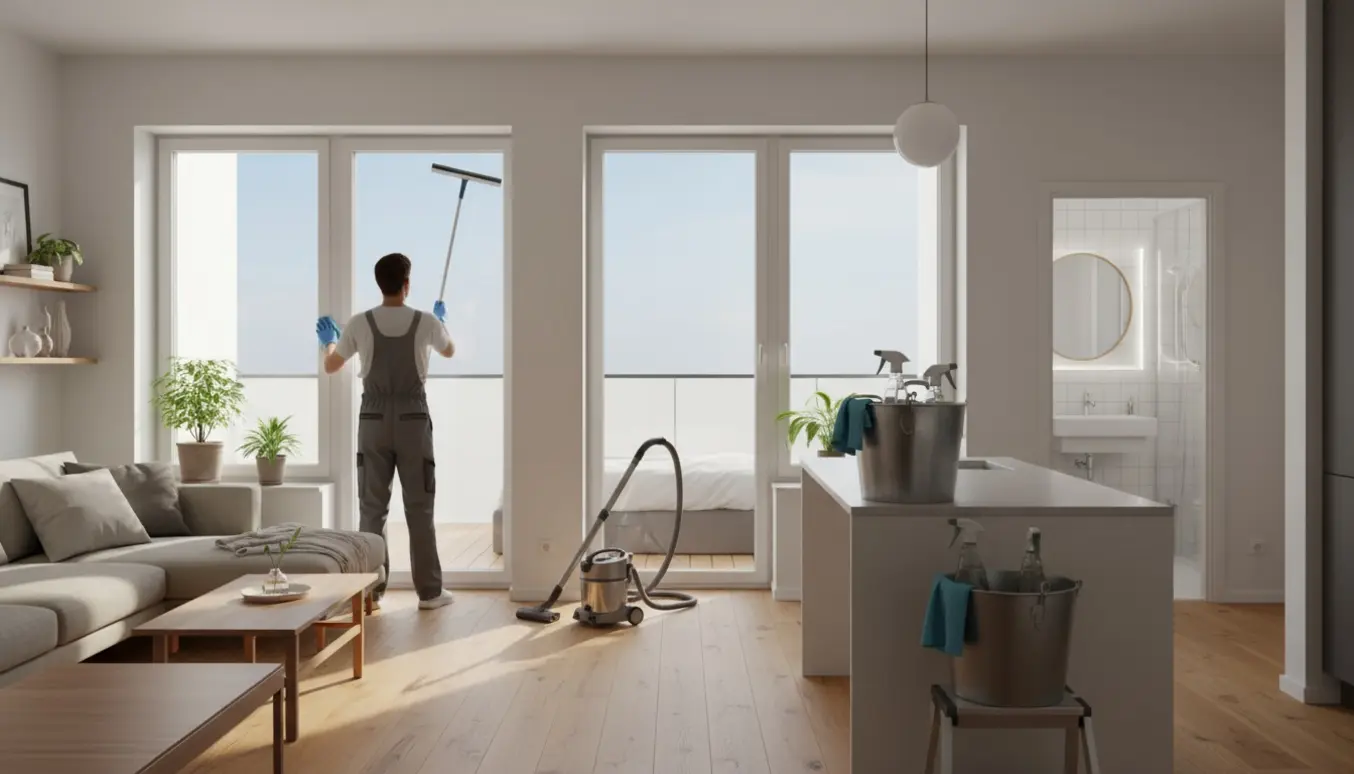 Person renser vinduer i en moderne toværelses lejlighed med støvsuger og rengøringsmidler synlige.