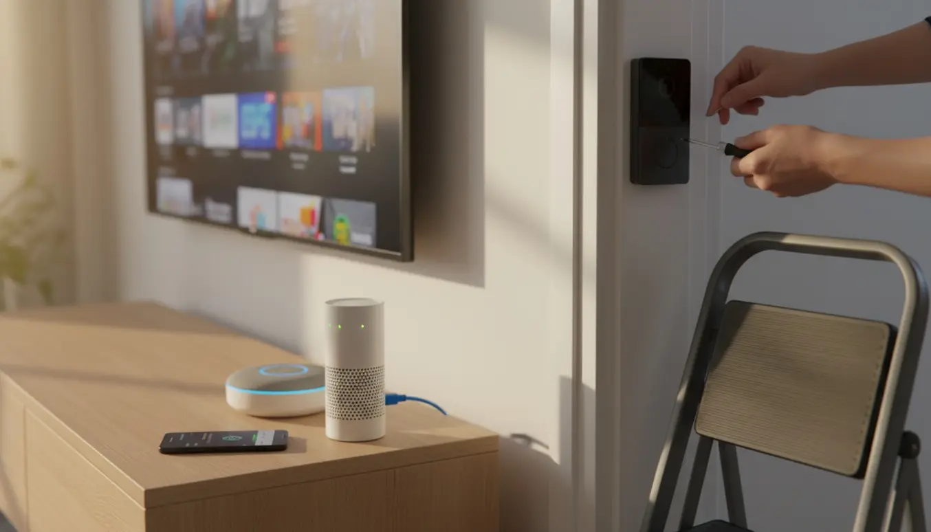 Hænder monterer en smart videoringeklokke med en smart-højttaler, router og et tv med streaming i baggrunden.
