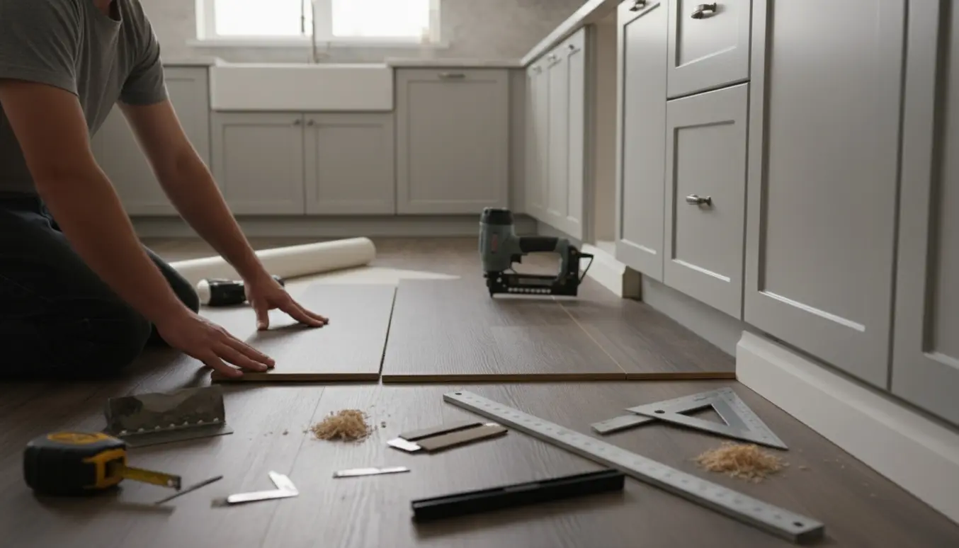 Nærbillede af hænder, der lægger vinylgulv og fastgør fodpaneler i et lyst, moderne køkken.