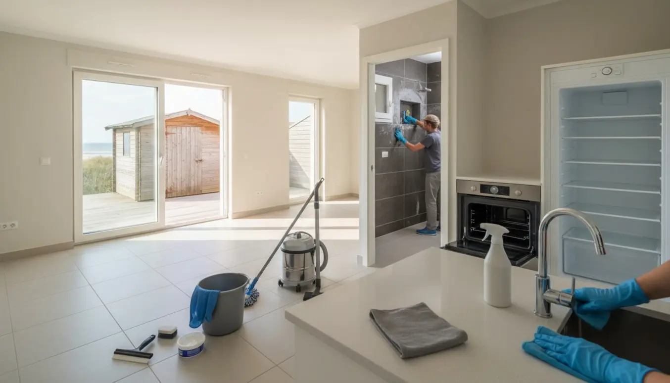 Næsten tom lejlighed med rengøringsudstyr, rengjort køkken og åben terrasse med skur mod kysten.