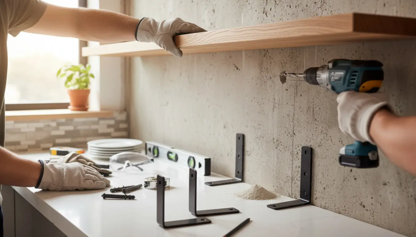 Nærbillede af hænder, der monterer to tunge hylder på en betonvæg i køkkenet med borehammer og rawlplugs.