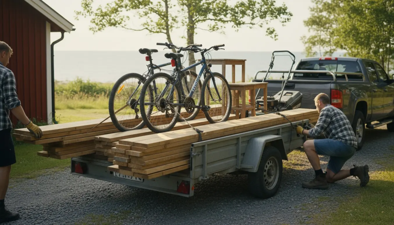Åben trailer ved et sommerhus fyldt med fem cykler, lange terrassebrædder, små møbler og en plæneklipper klar til afhentning.