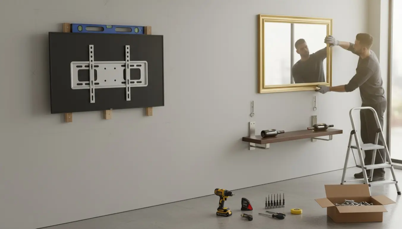 Opsætning af væghængt tv, et tungt spejl og en robust vinhylde i en stue med værktøj og hænder i arbejde.