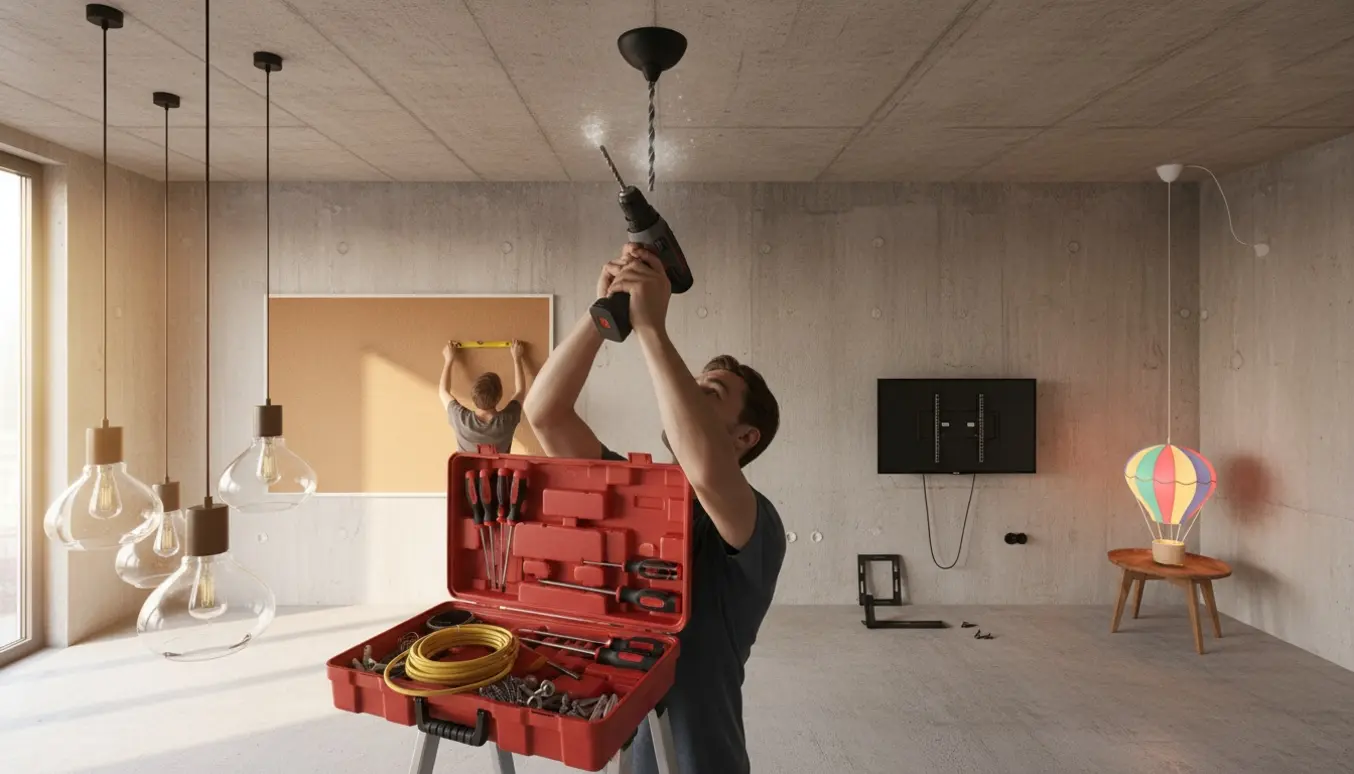 Håndværker hænger lamper, opslagstavle og et TV op på betonlofter og -vægge med værktøj og rawlplugs ved siden af.