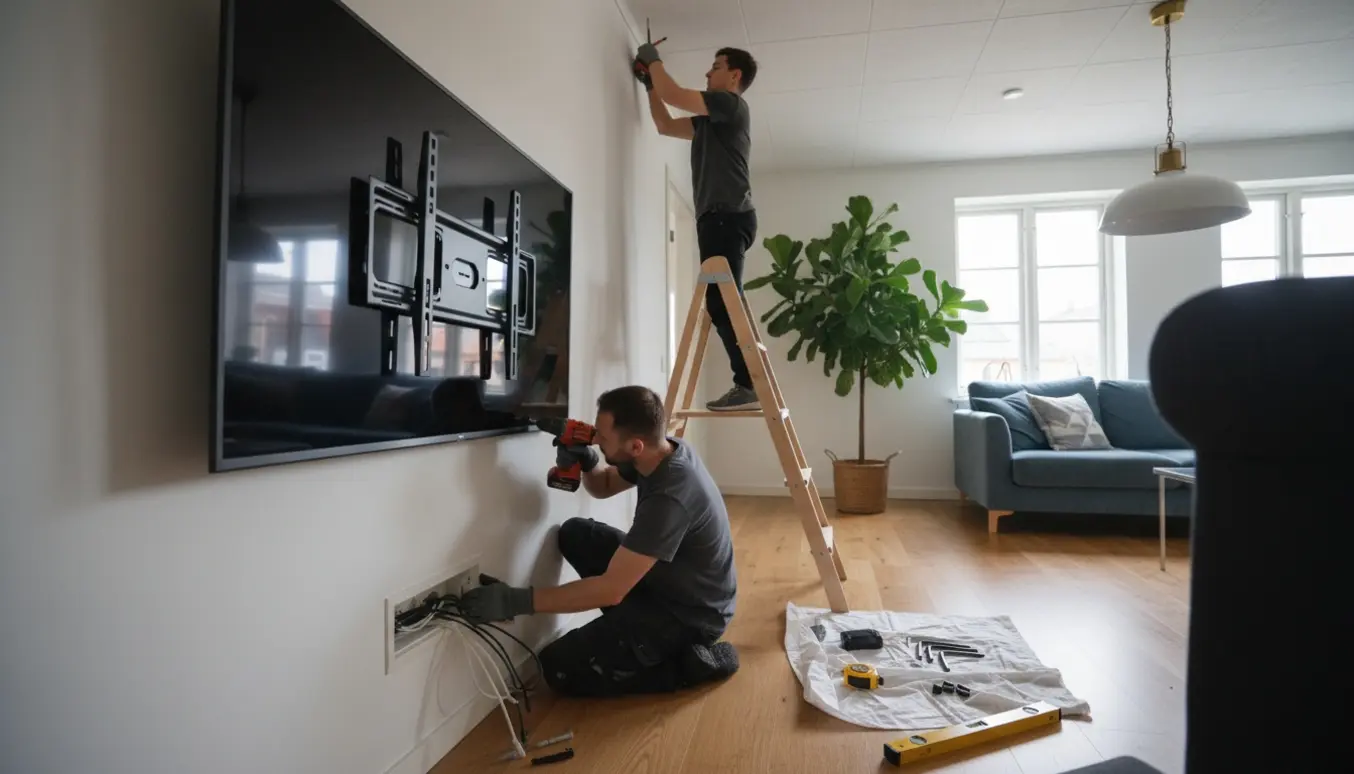 To personer uden synlige ansigter monterer en loftslampe og hænger et fladskærms-tv op i en moderne stue.