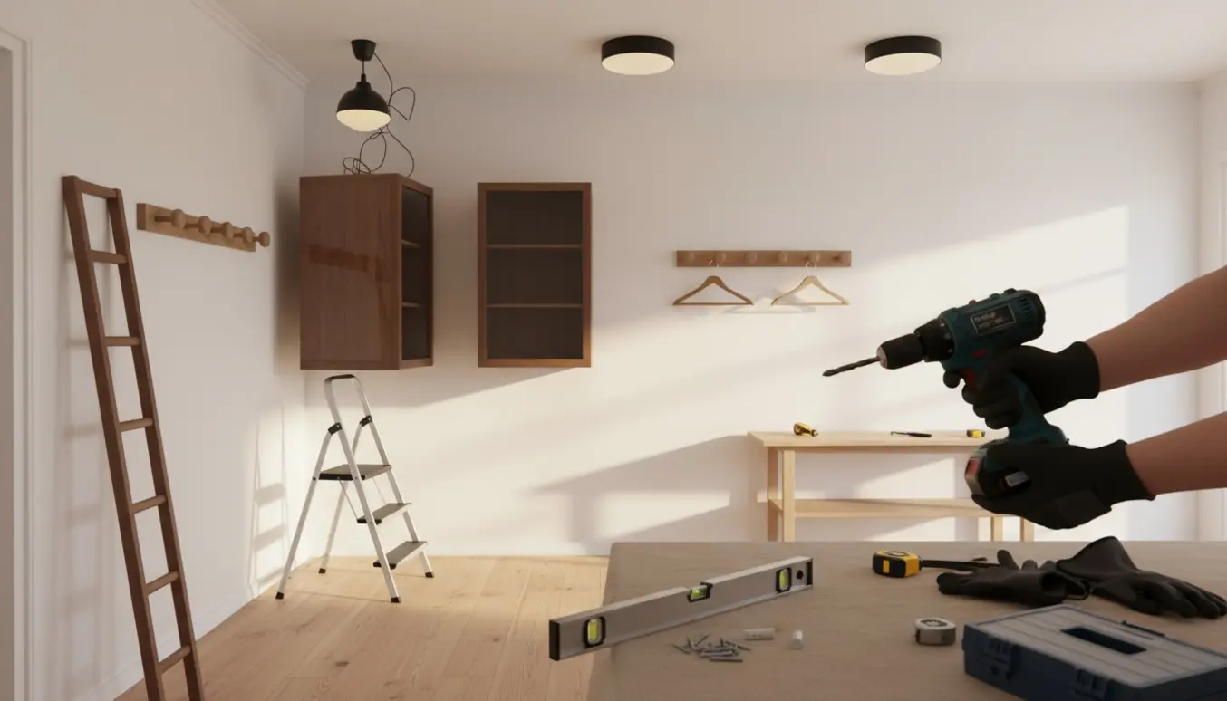 Hænder monterer loftslamper, ophænger vitrineskabe og monterer knagerække i en lys, skandinavisk gang.