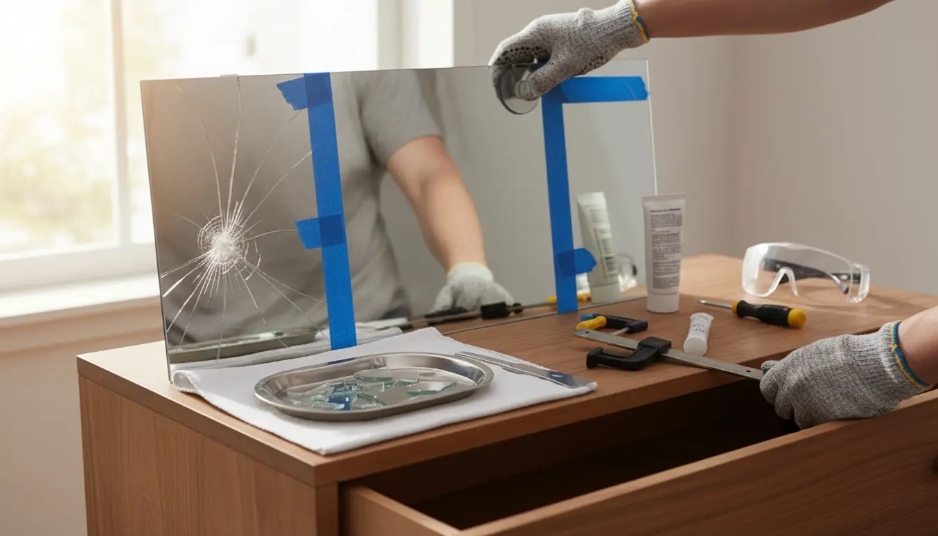 Hænder med handsker monterer et nyt spejl på en trækkommode med knuste spejlfragmenter samlet ved siden af.