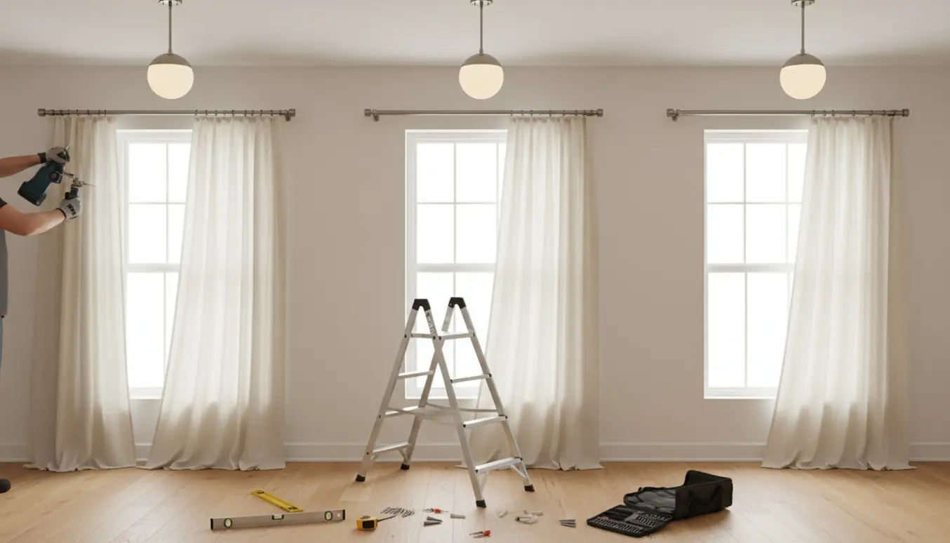 Håndværker sikrer en gardinstang på en stige i et lyst rum med tre monterede gardinstænger og tre loftlamper.