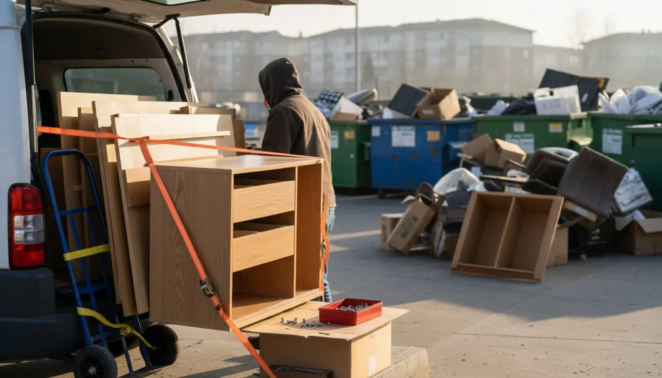 To adskilte skabe læsses på en varevogn ved en genbrugsplads med værktøj og containere i baggrunden.