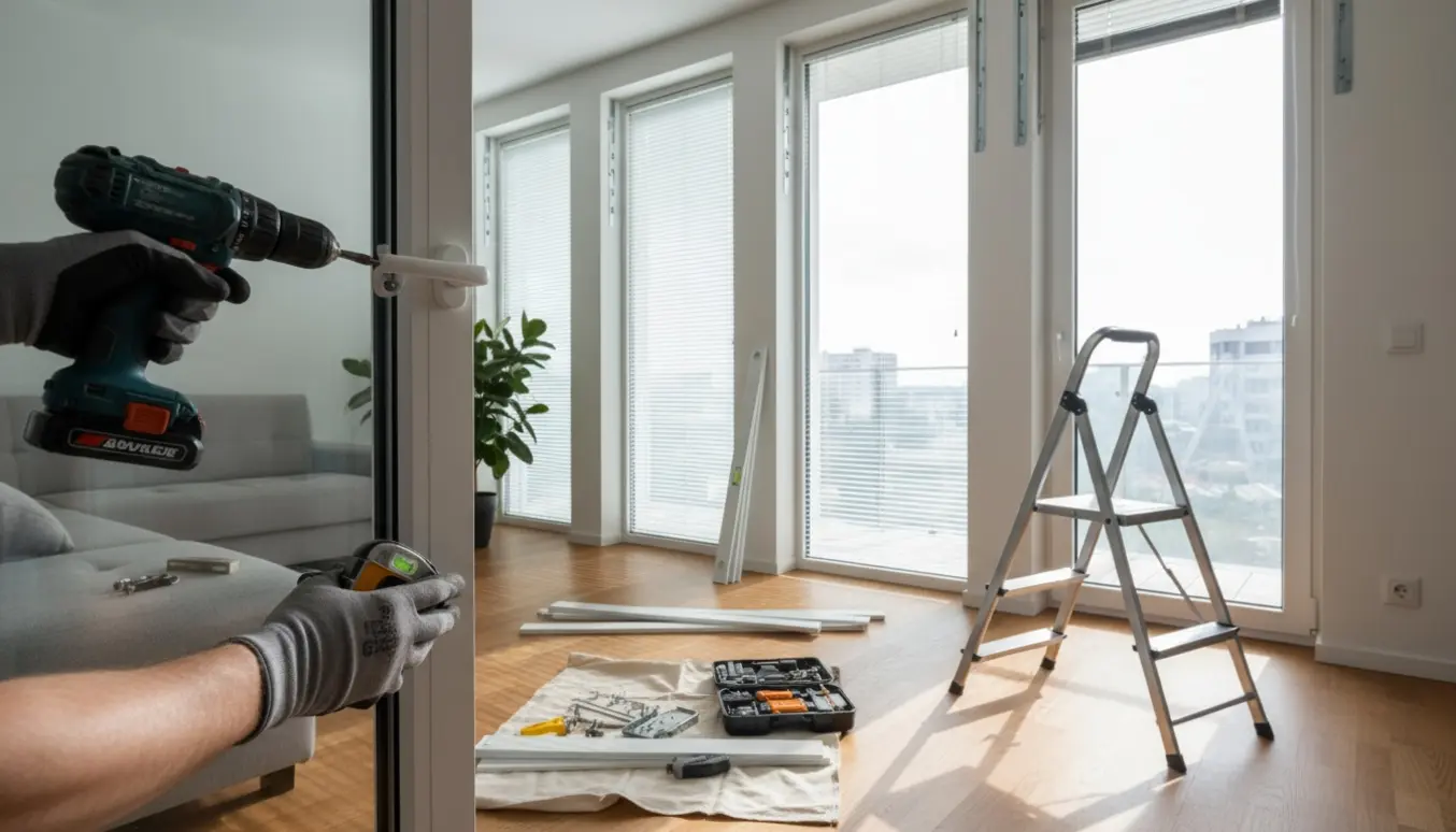 Hænder monterer persienner på fire vinduer og en altandør i en lys, moderne lejlighed.