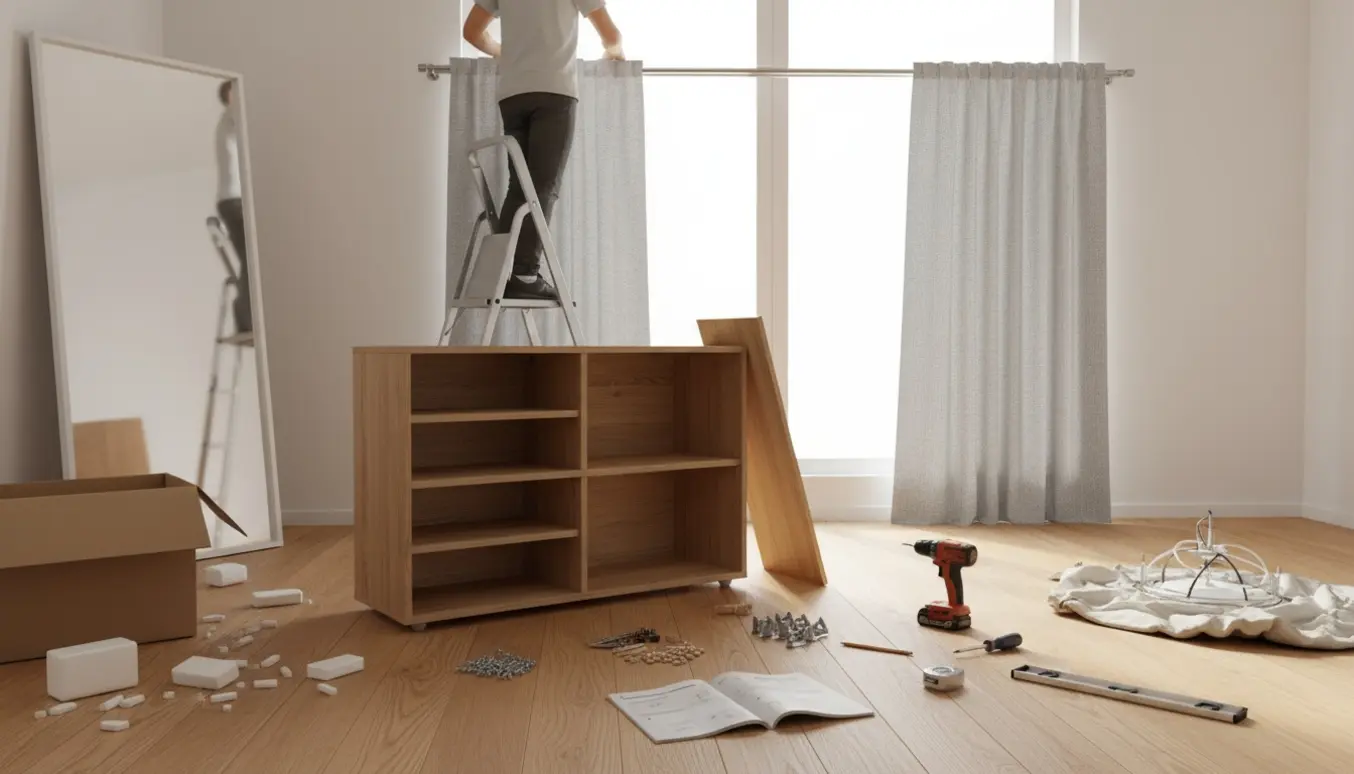 Delvist samlet skoskab og gardiner under opsætning i en lys entré med værktøj spredt på gulvet.