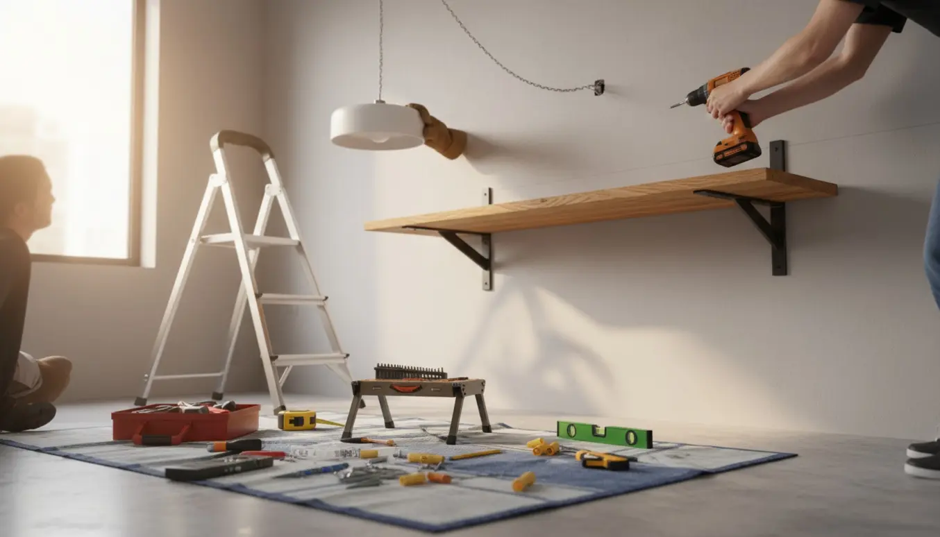 Montering af en stor kvadratisk væghylde og udskiftning af en lampe i et lyst rum med værktøj og stige.
