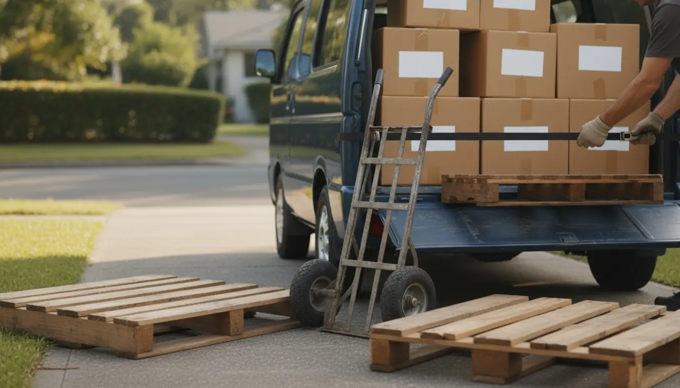 To engangspaller og seks flyttekasser læsses i en varevogn på en indkørsel.