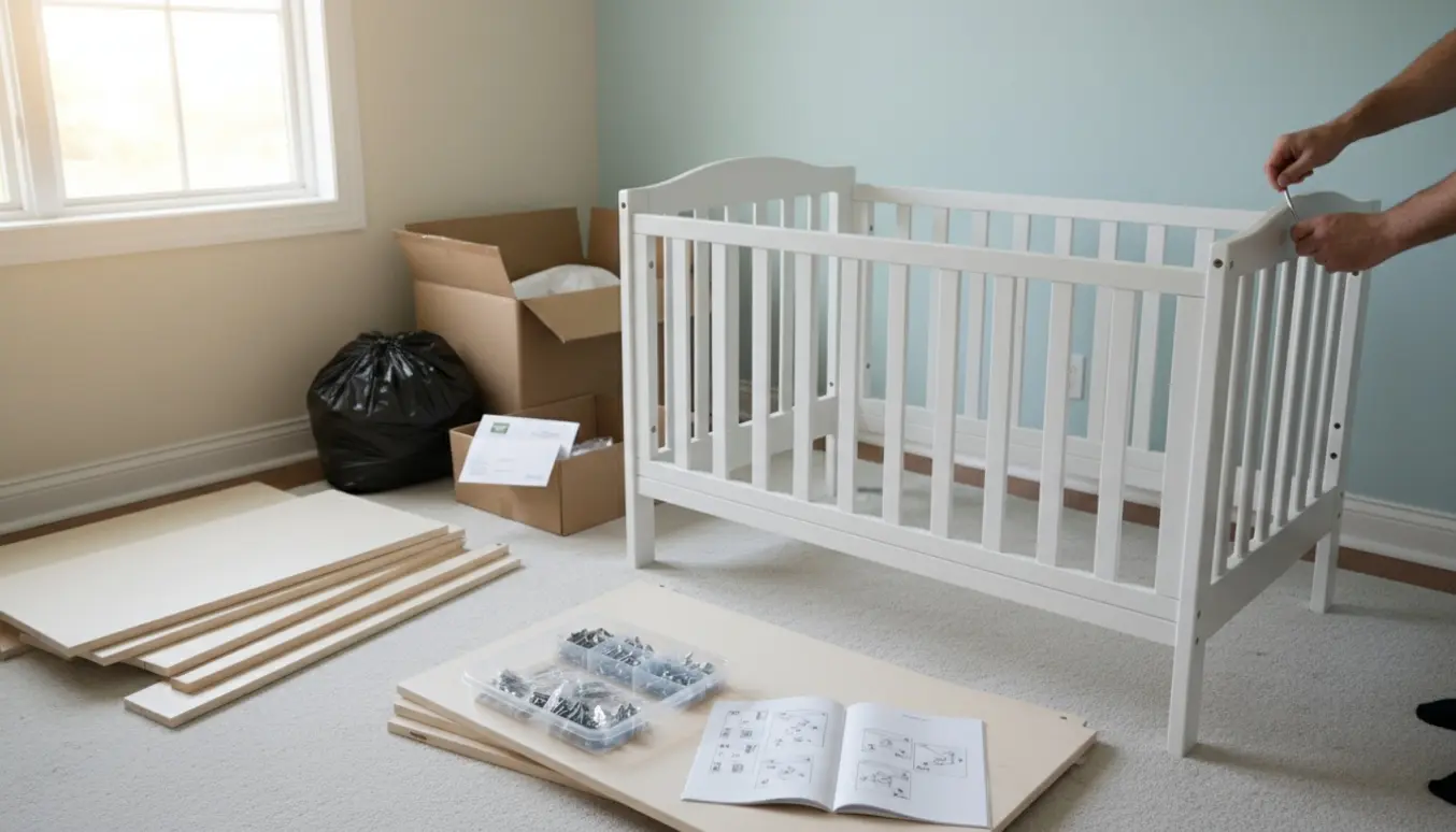 Delvist samlet babyseng og puslebord i et lyst børneværelse med samleværktøj og skralpose ved siden af.