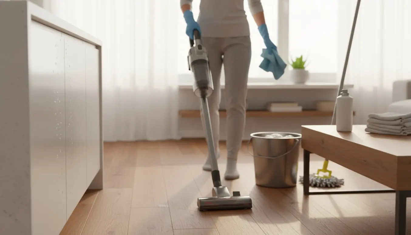 Rengøringsassistent mopper lyst trægulv i en moderne bolig, kun hænder og redskaber synlige.