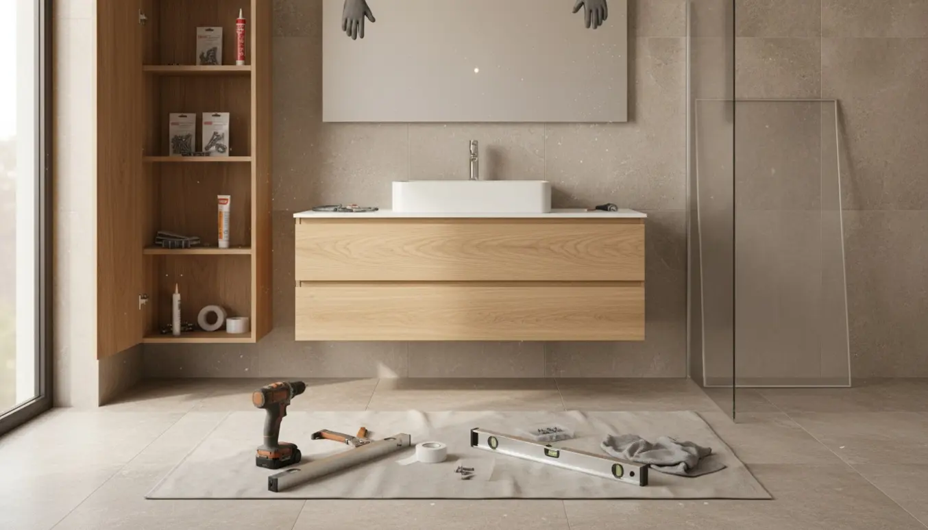 Moderne badeværelse under renovering med spejl, glasbrusedør, åbent skab og nyt krom armatur.