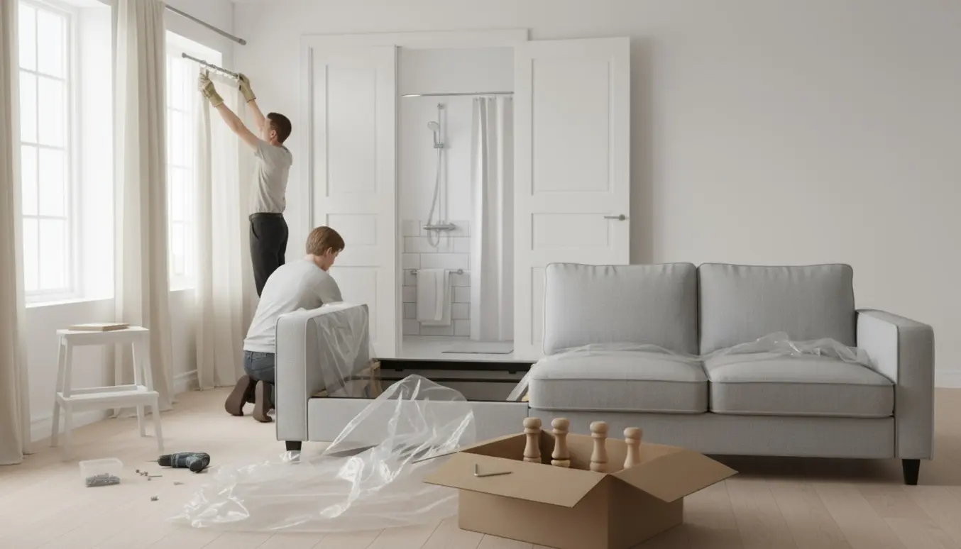 Delvist samlet hjørnesofa og gardinmontage i en lys skandinavisk stue med badeforhæng opsat i baggrunden.