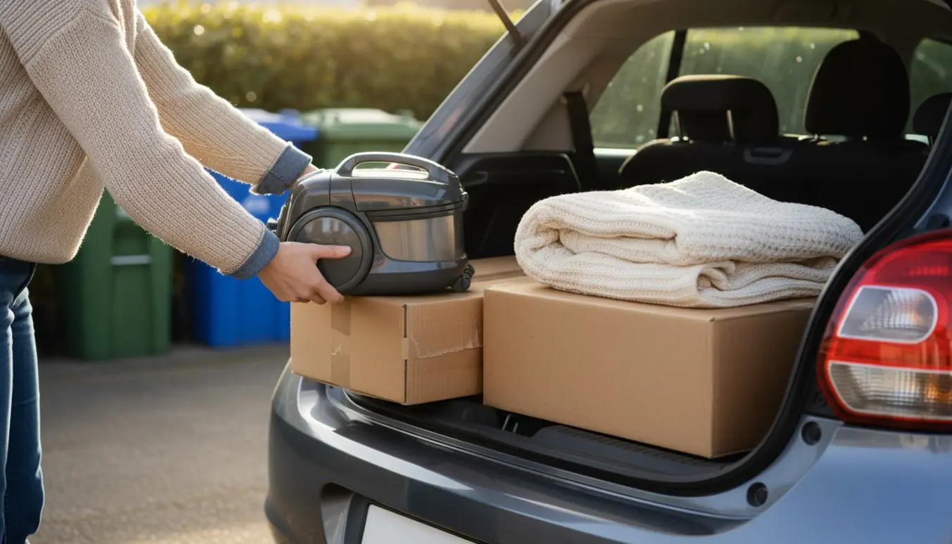 To papkasser, en lille støvsuger og et varmetæppe lægges i bagagerummet på en mindre bil klar til aflevering på genbrugspladsen.