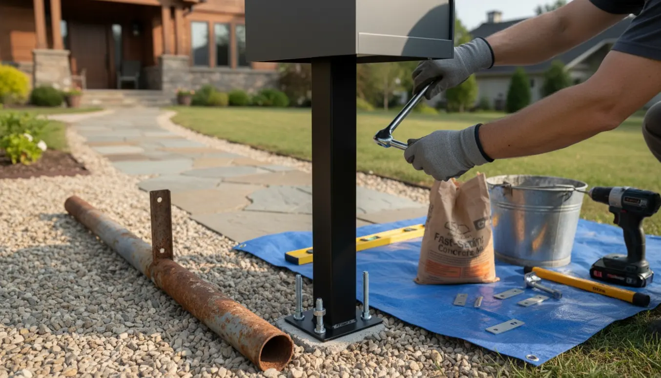 Hænder monterer en ny moderne postkasse på et stativ foran et hus, mens det gamle stativ ligger fjernet ved siden af.