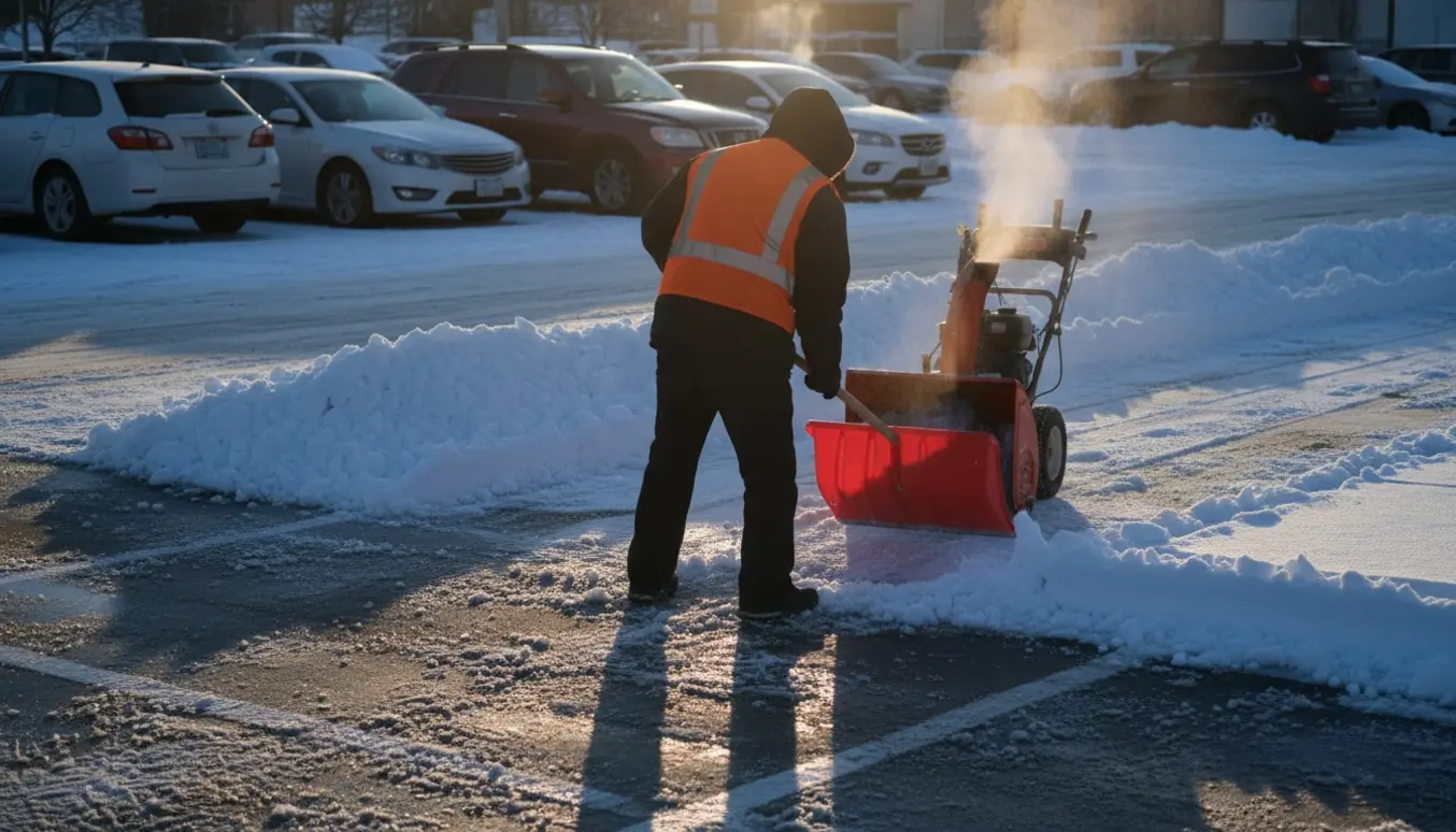 Snerydning på en parkeringsplads med en person fra bagsiden, skovl, snefræser og ophobede snemasser.
